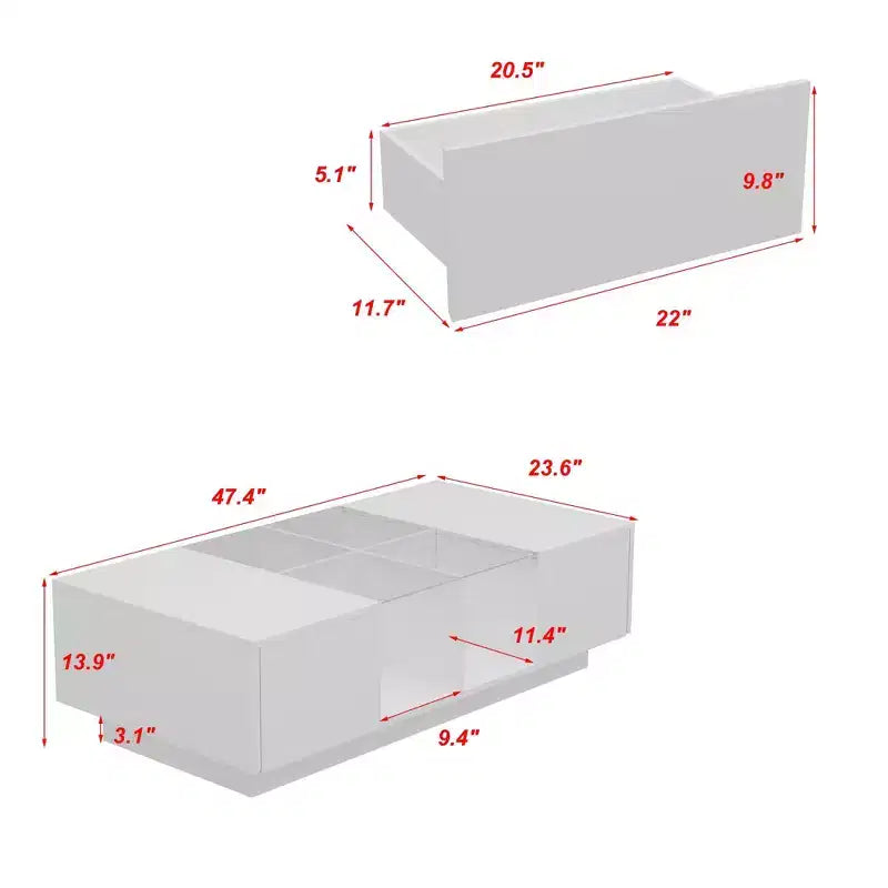 Table basse LED blanc brillant – Rangement multi-zones avec tiroir et compartiments ouverts