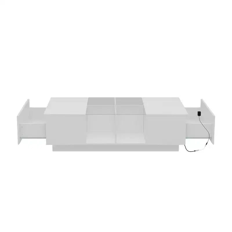 Table basse LED blanc brillant – Rangement multi-zones avec tiroir et compartiments ouverts