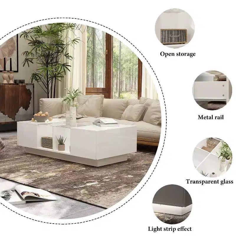 Table basse LED blanc brillant – Rangement multi-zones avec tiroir et compartiments ouverts