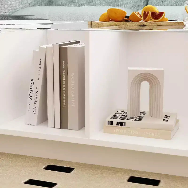Table basse LED blanc brillant – Rangement multi-zones avec tiroir et compartiments ouverts