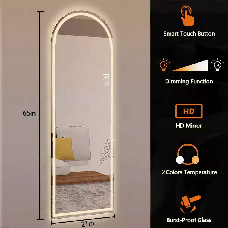 Miroir LED Moderne 65H Pleine Longueur Arqué avec Modes d'Éclairage Réglables
