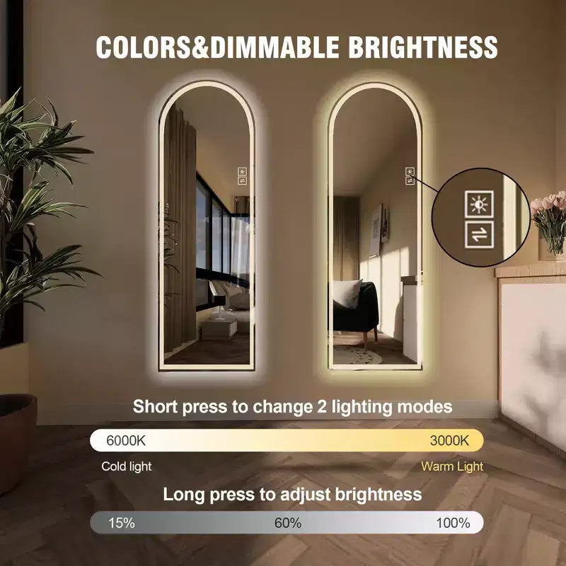 Miroir LED Moderne 65H Pleine Longueur Arqué avec Modes d'Éclairage Réglables