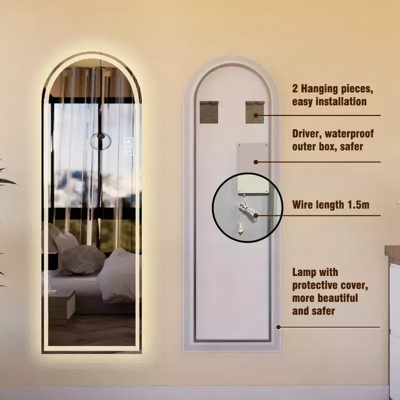 Miroir LED Moderne 65H Pleine Longueur Arqué avec Modes d'Éclairage Réglables