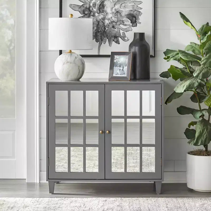 Armoire à porte miroir moderne gris anthracite - Style ferme moderne, poignées en laiton, étagère réglable