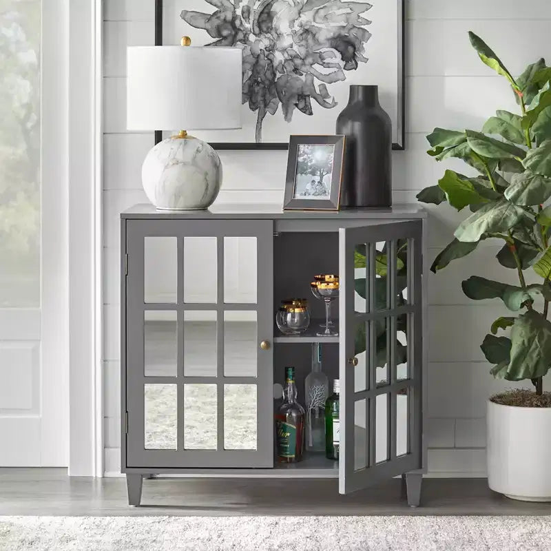 Armoire à porte miroir moderne gris anthracite - Style ferme moderne, poignées en laiton, étagère réglable