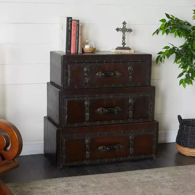 Coffre Traditionnel en Similicuir et Bois Marron - Rangement Élégant Compartimenté, Aucun Assemblage Requis