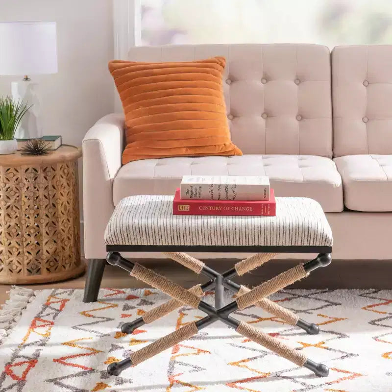 Tabouret d'appoint Campaign - Accents bohèmes en corde tressée, Assise rembourrée