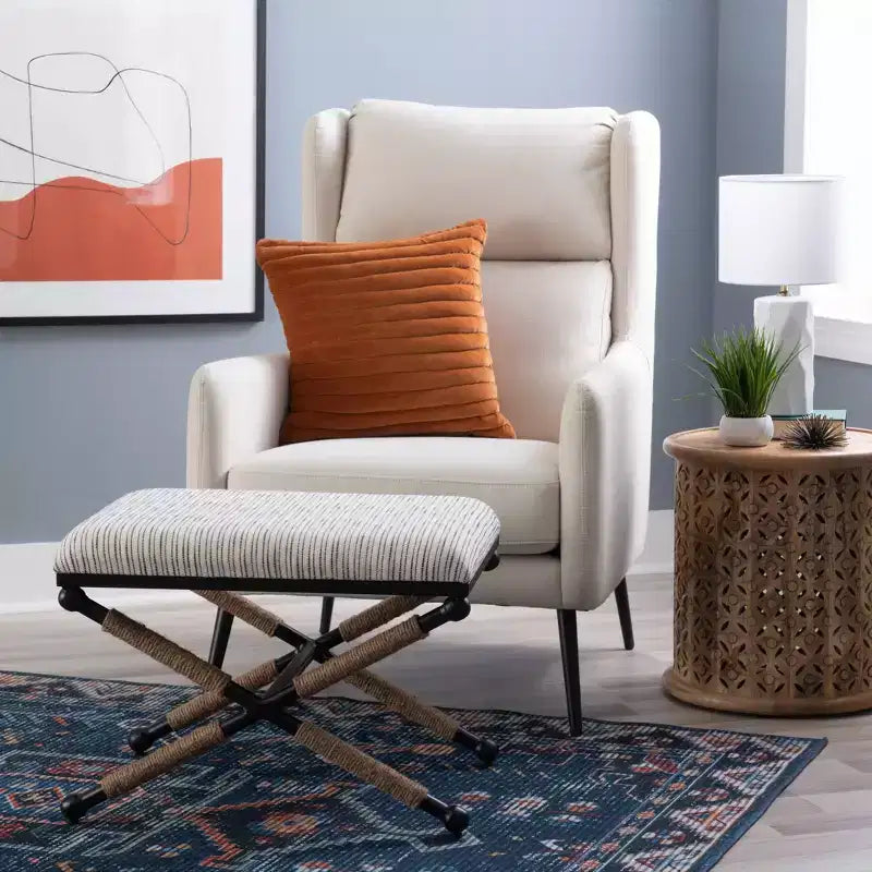 Tabouret d'appoint Campaign - Accents bohèmes en corde tressée, Assise rembourrée