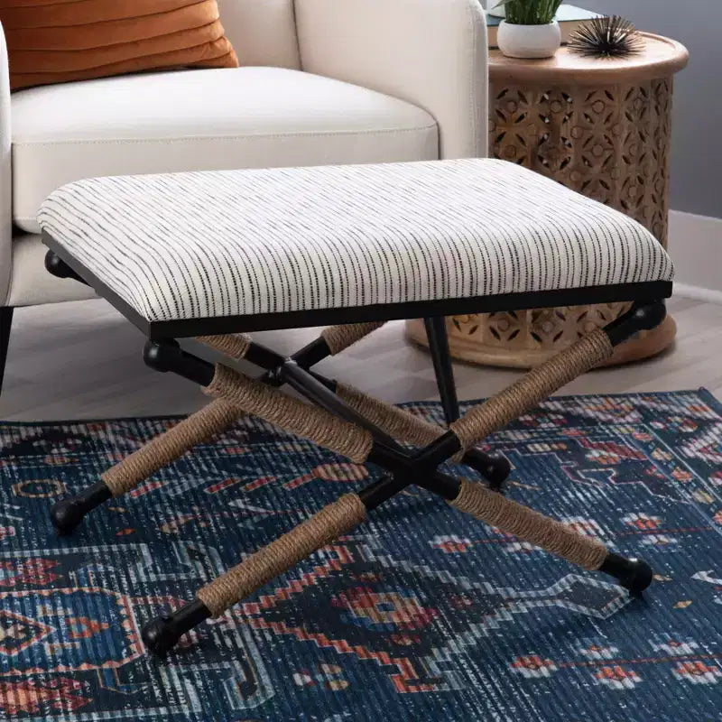 Tabouret d'appoint Campaign - Accents bohèmes en corde tressée, Assise rembourrée