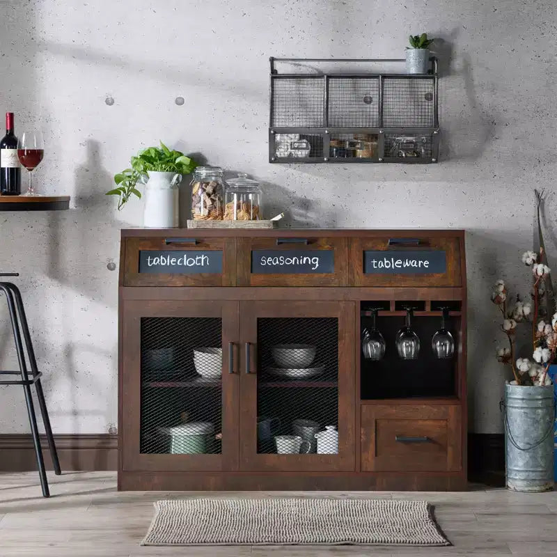 Buffet 4 tiroirs avec rangement pour le vin et porte-verres à pied