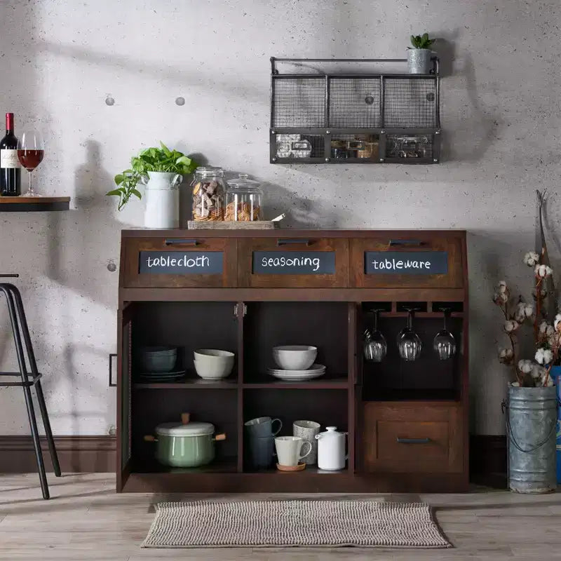 Buffet 4 tiroirs avec rangement pour le vin et porte-verres à pied