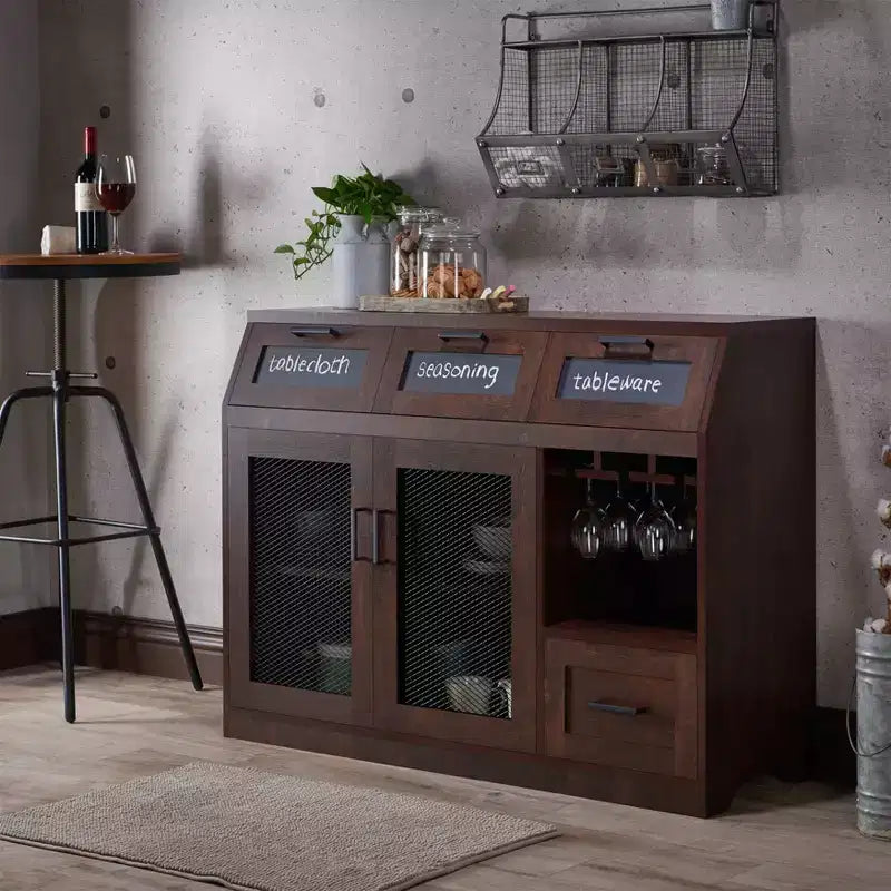 Buffet 4 tiroirs avec rangement pour le vin et porte-verres à pied