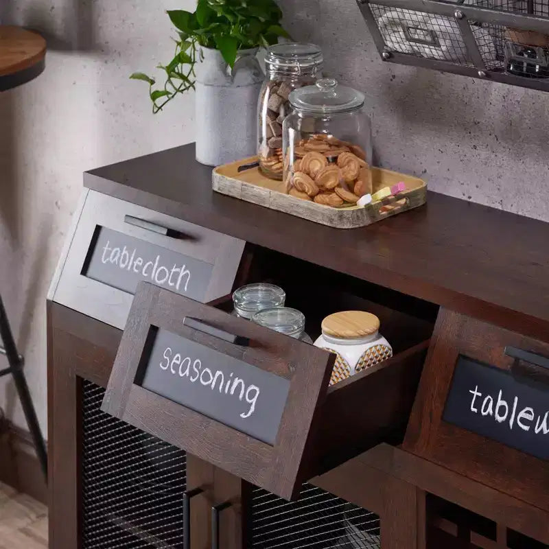 Buffet 4 tiroirs avec rangement pour le vin et porte-verres à pied