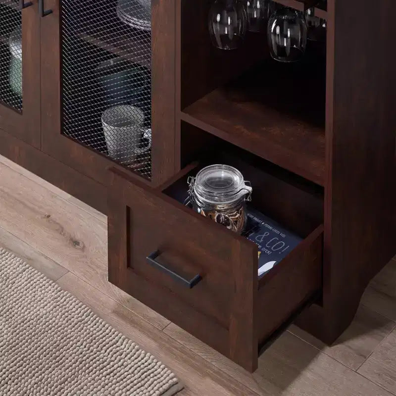 Buffet 4 tiroirs avec rangement pour le vin et porte-verres à pied