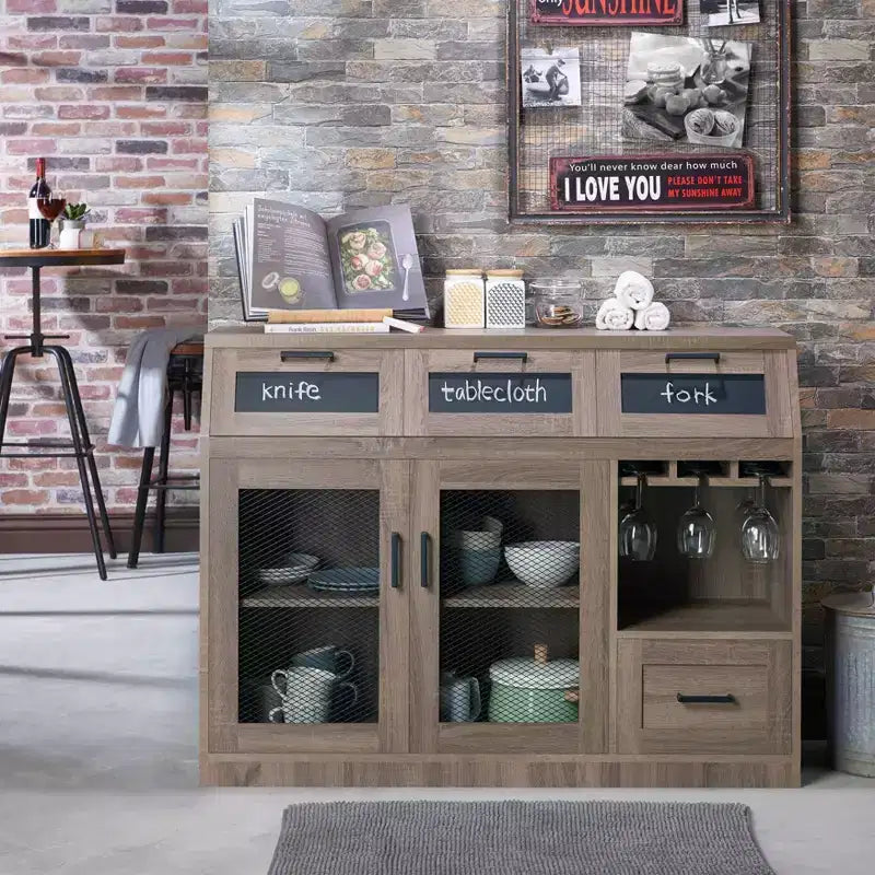 Buffet 4 tiroirs avec rangement pour le vin et porte-verres à pied