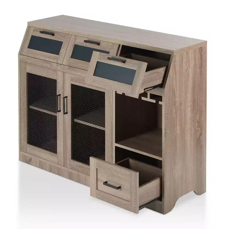 Buffet 4 tiroirs avec rangement pour le vin et porte-verres à pied