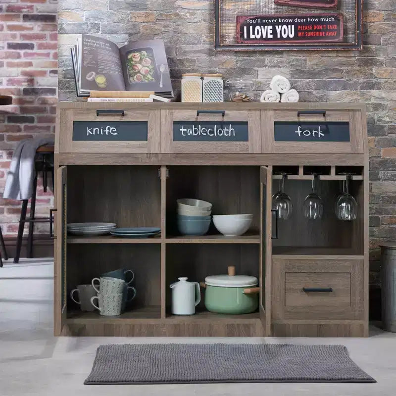 Buffet 4 tiroirs avec rangement pour le vin et porte-verres à pied