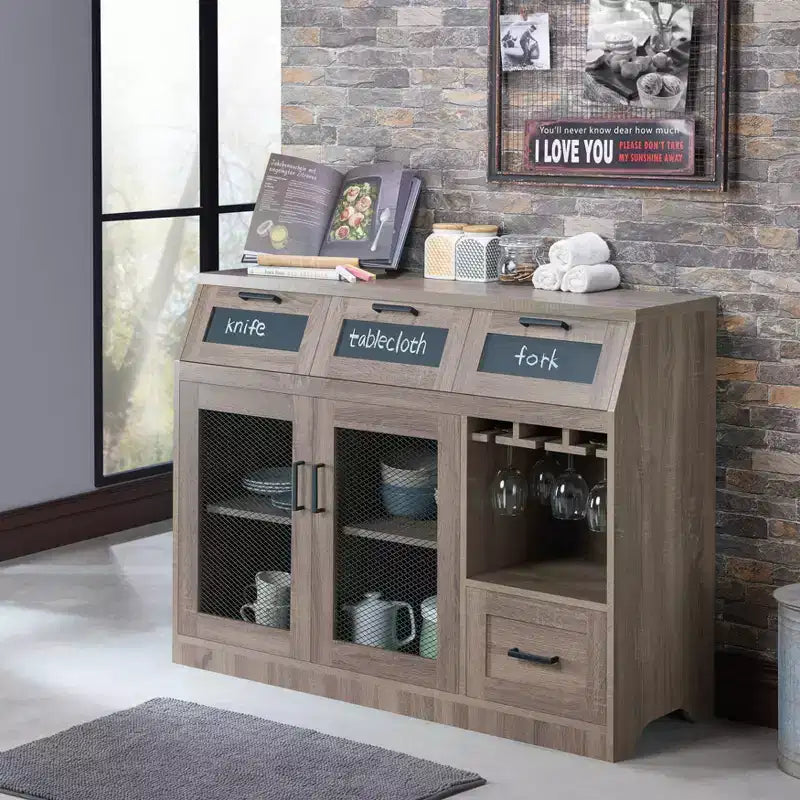 Buffet 4 tiroirs avec rangement pour le vin et porte-verres à pied