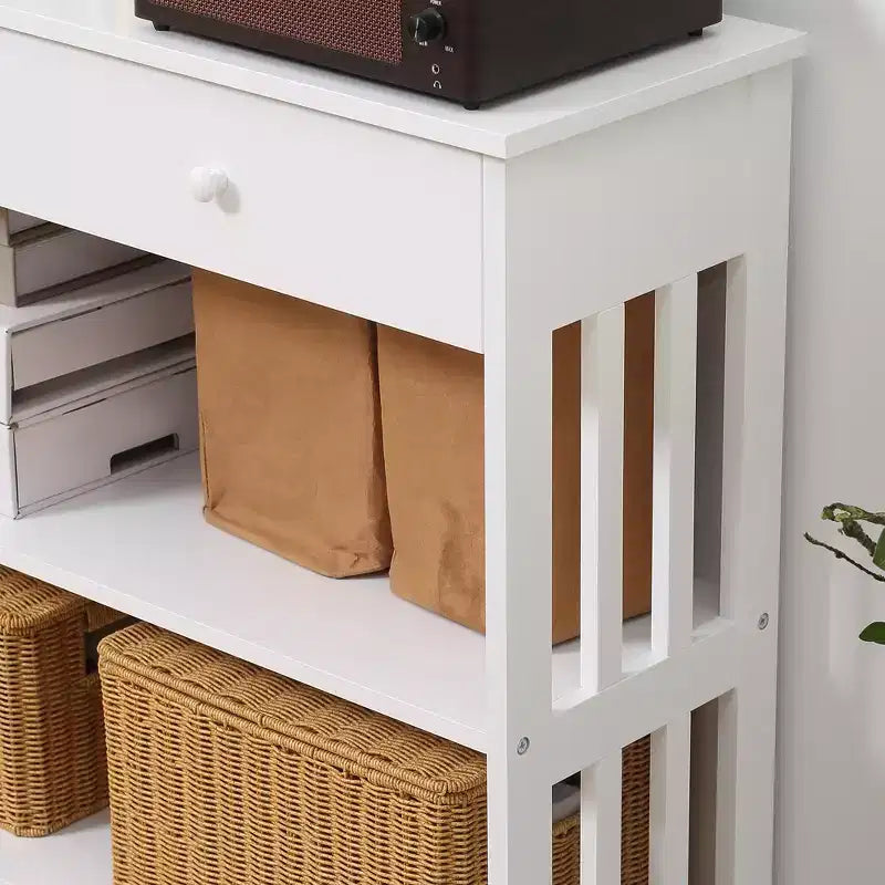 Console avec tiroir extra-large coulissant, 2 étagères ouvertes et cadre en bois à lattes.