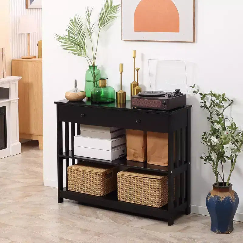 Console avec tiroir extra-large coulissant, 2 étagères ouvertes et cadre en bois à lattes.