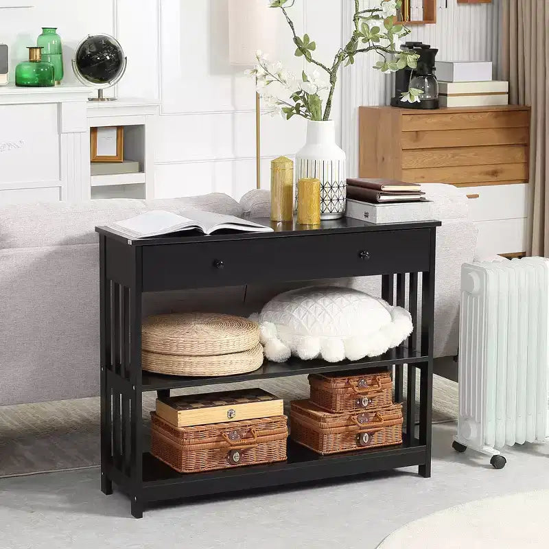 Console avec tiroir extra-large coulissant, 2 étagères ouvertes et cadre en bois à lattes.
