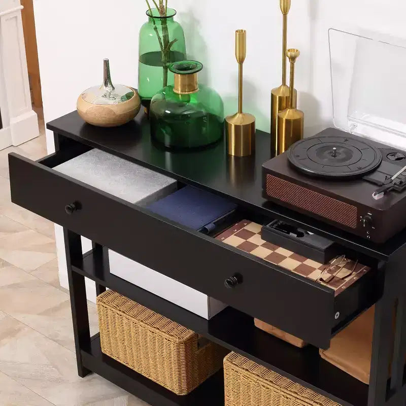 Console avec tiroir extra-large coulissant, 2 étagères ouvertes et cadre en bois à lattes.