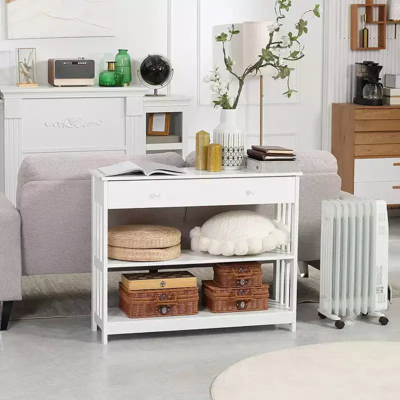 Console avec tiroir extra-large coulissant, 2 étagères ouvertes et cadre en bois à lattes.