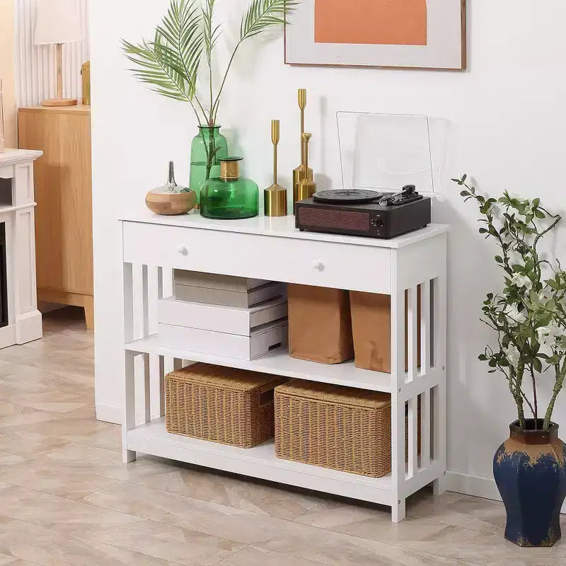 Console avec tiroir extra-large coulissant, 2 étagères ouvertes et cadre en bois à lattes.